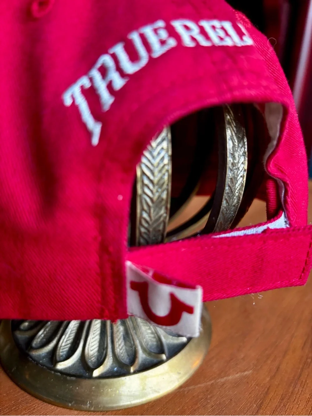 True Religion Red Baseball Cap with White Horseshoe Accent